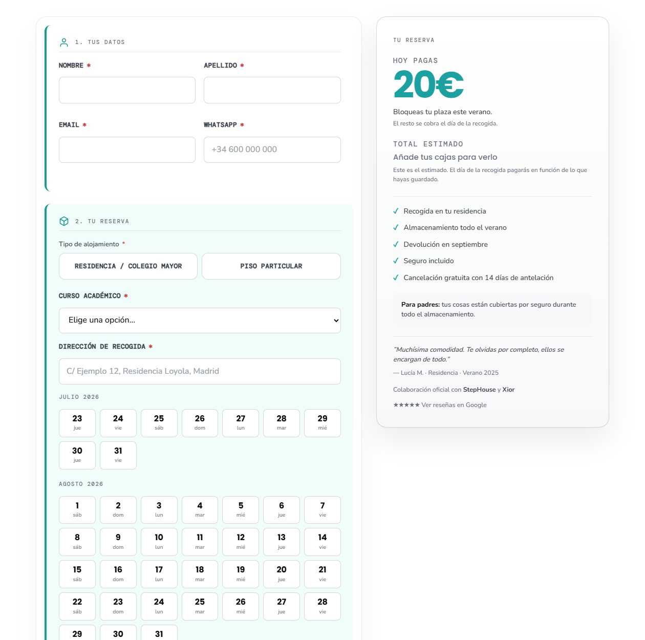 Formulario de reserva de LetsBoxIt: sección Tu reserva con calendario de disponibilidad julio y agosto 2026, y resumen HOY PAGAS 20€